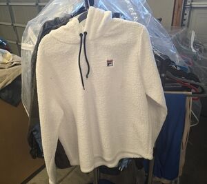 Fila White Sherpa Hoodie with Black Drawstrings and Logo